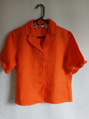 Orange Button-Up Short Sleeve Ruffle Trim 100% Irish Linen Blouse SzL By Edward